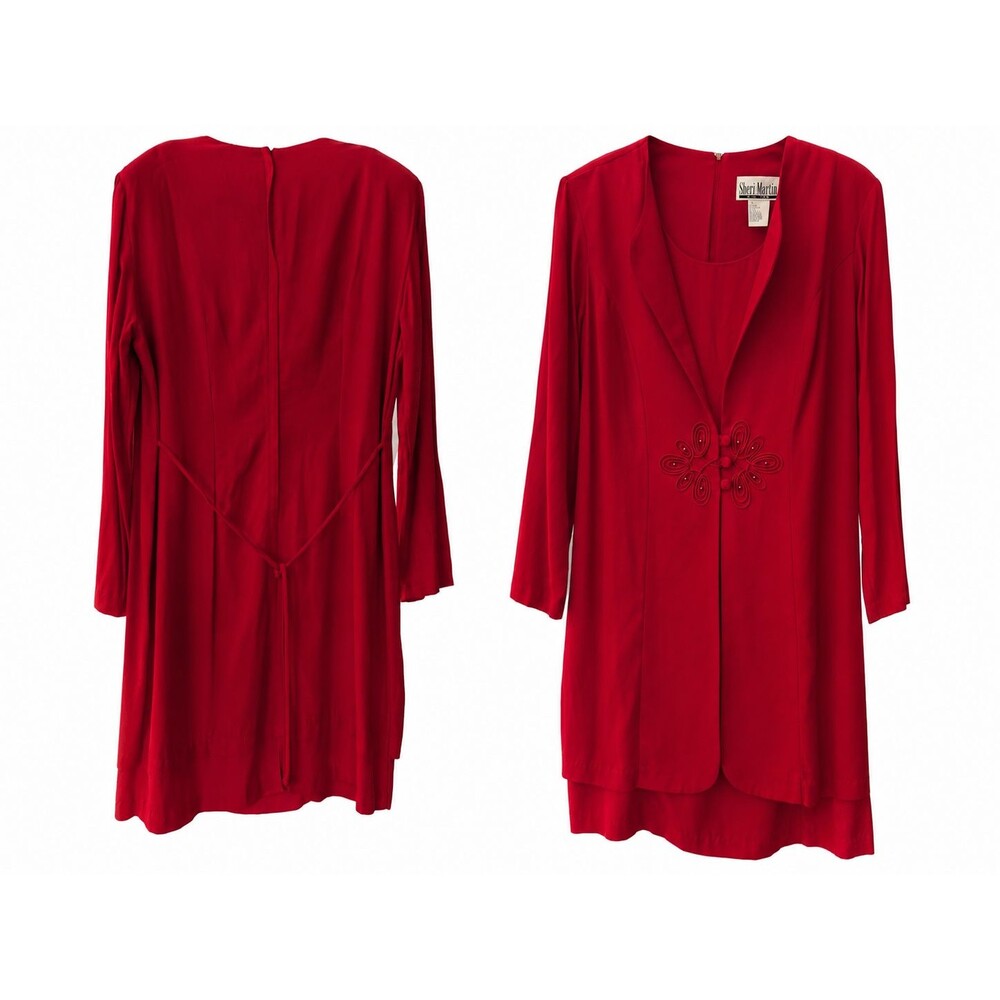 Vintage Sheri Martin New York Red Dress Jacket Set Size 14 Front Button Career